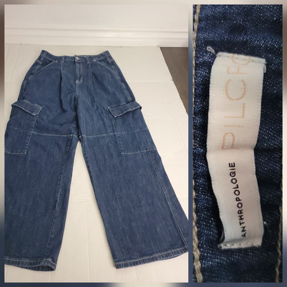 Pilcro Anthropologie High Rise Wide-Leg Cargo Jeans Size 30 Dark Wash Culottes